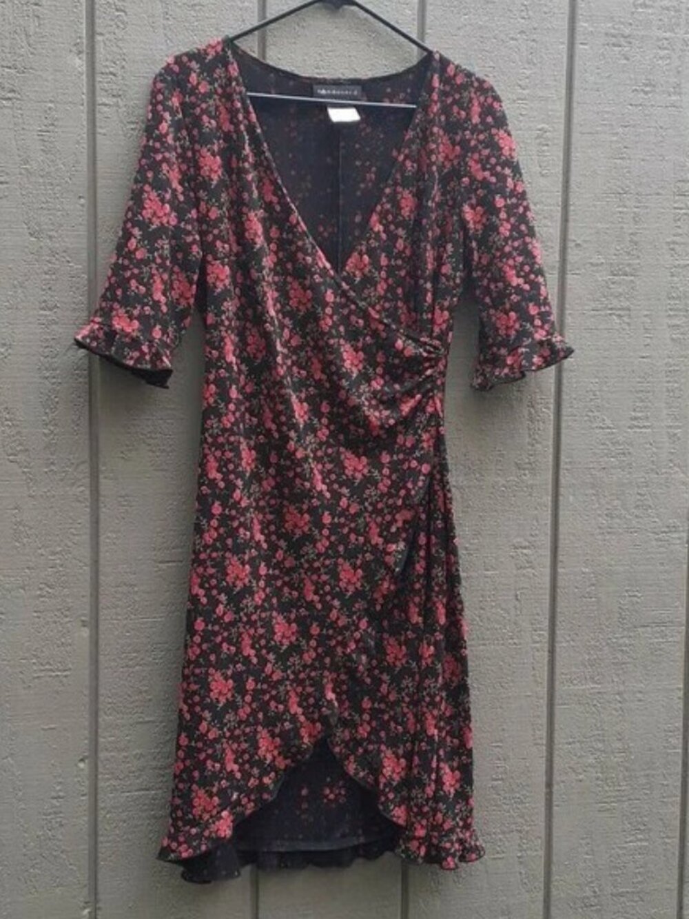 Vtg 90s Connected Apparel Wrap Dress Black Rose Ruffle Sexy Romantic V Neck Slit